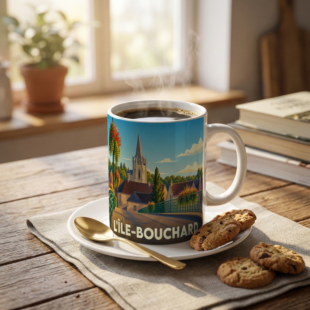 Mug souvenir de L'Île-Bouchard orné d'une illustration stylisée de la ville avec son église.