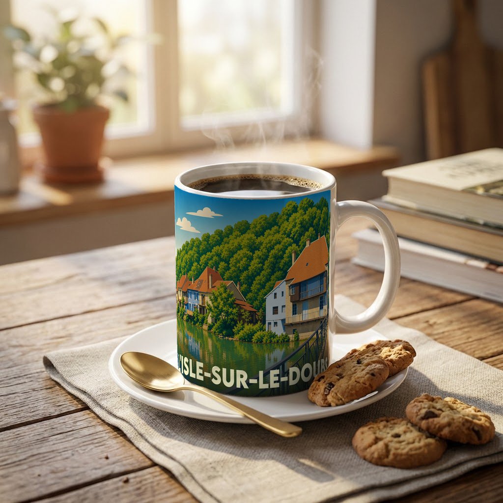 Mug souvenir de la ville de L'Isle-sur-le-Doubs avec une illustration stylisée.