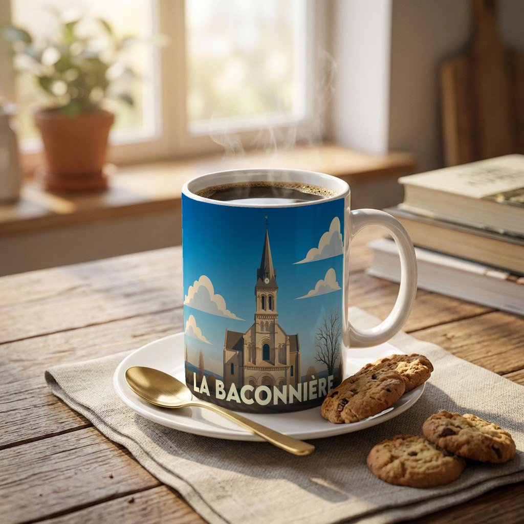 Mug souvenir de la ville de La Baconnière orné d'une illustration stylisée de son église.