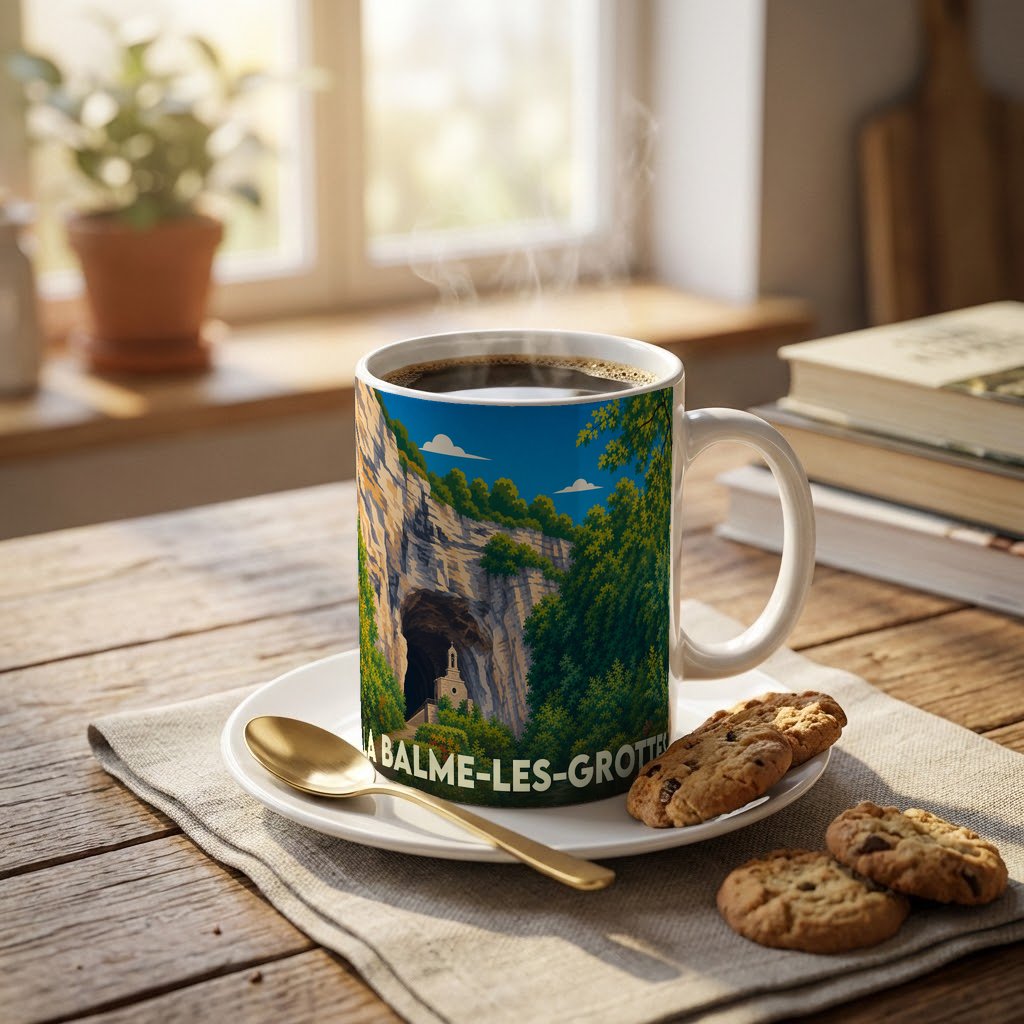 Mug souvenir de la ville de La Balme-les-Grottes avec une illustration stylisée d'une grotte.