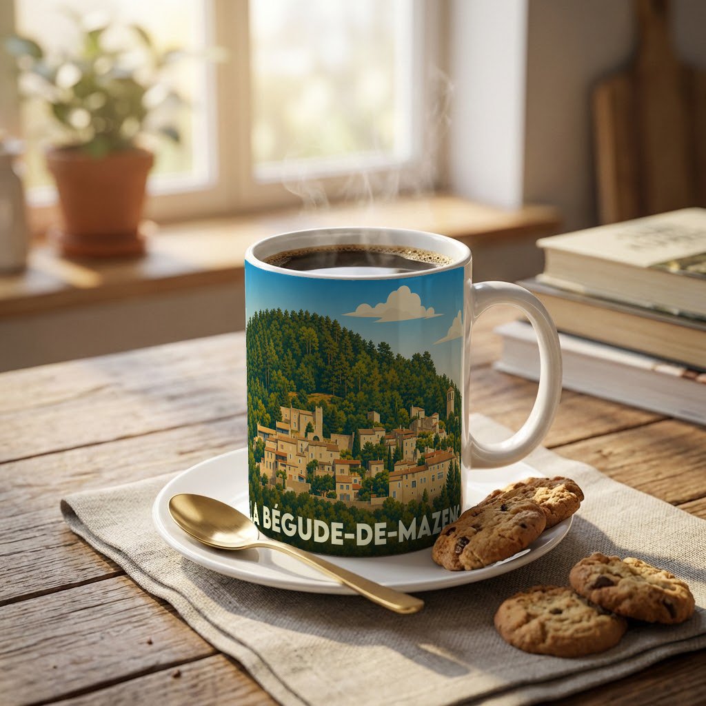 Mug souvenir de la ville de La Bégude-de-Mazenc avec une illustration stylisée d'un village perché.