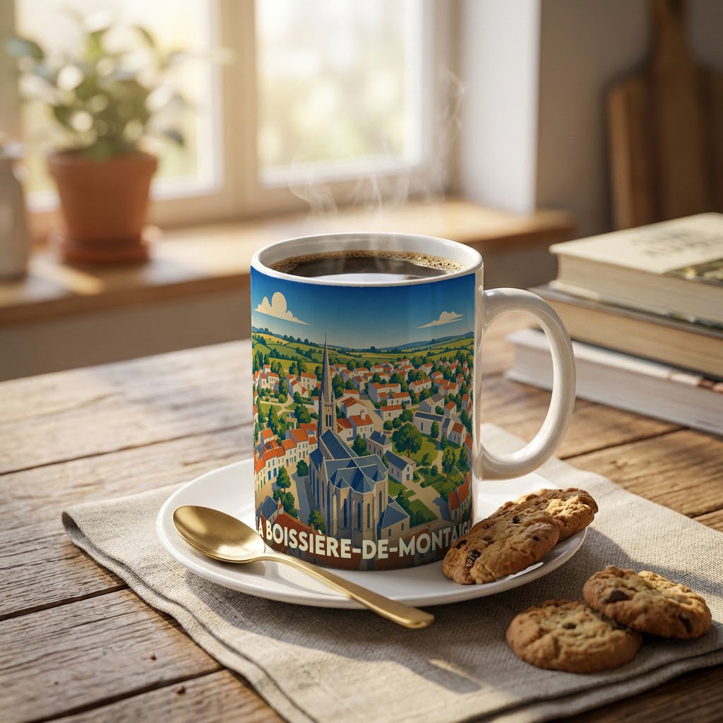 Mug souvenir de la ville de La Boissière-de-Montaigu avec une illustration panoramique stylisée.