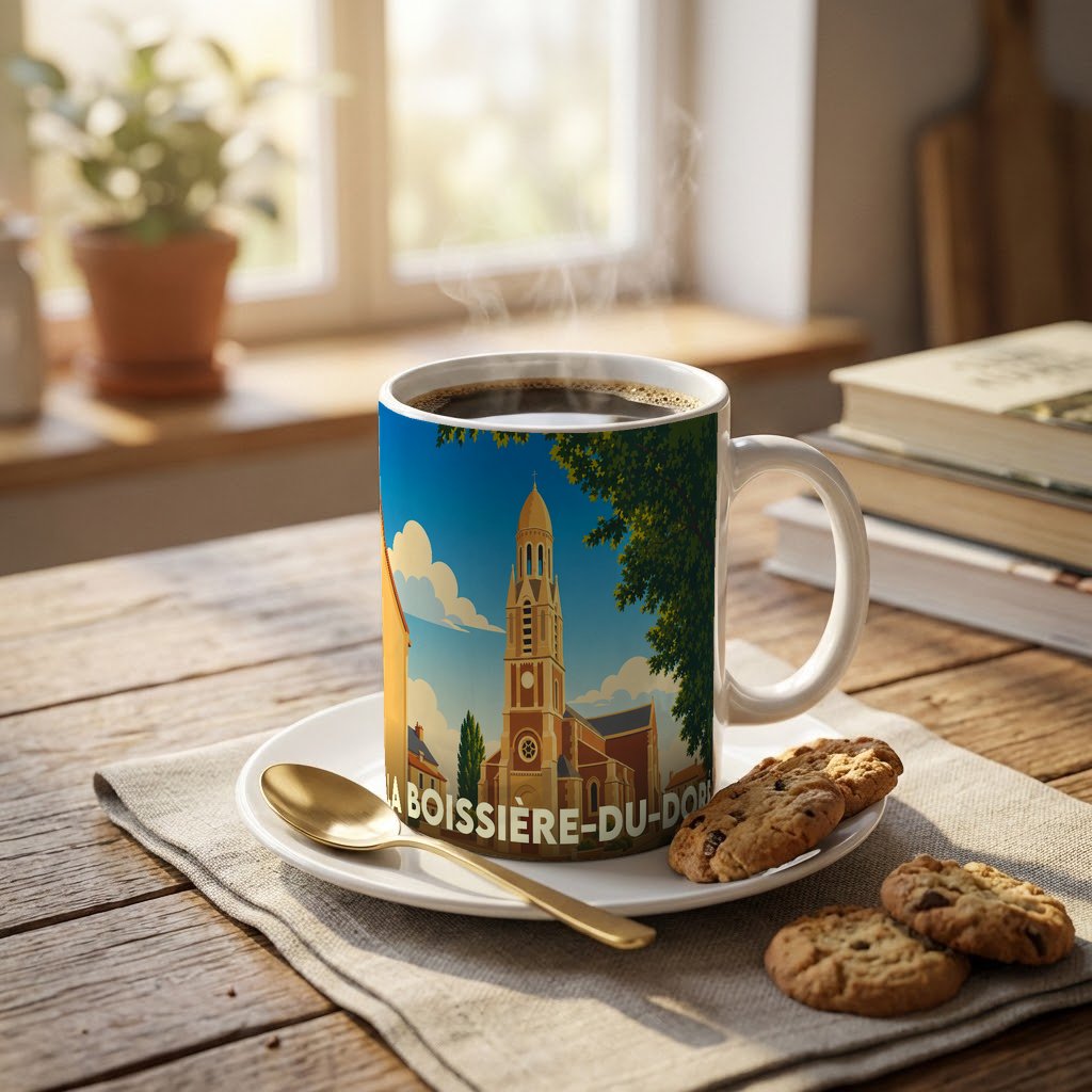 Mug souvenir de la ville de La Boissière-du-Doré avec une illustration stylisée de son église.