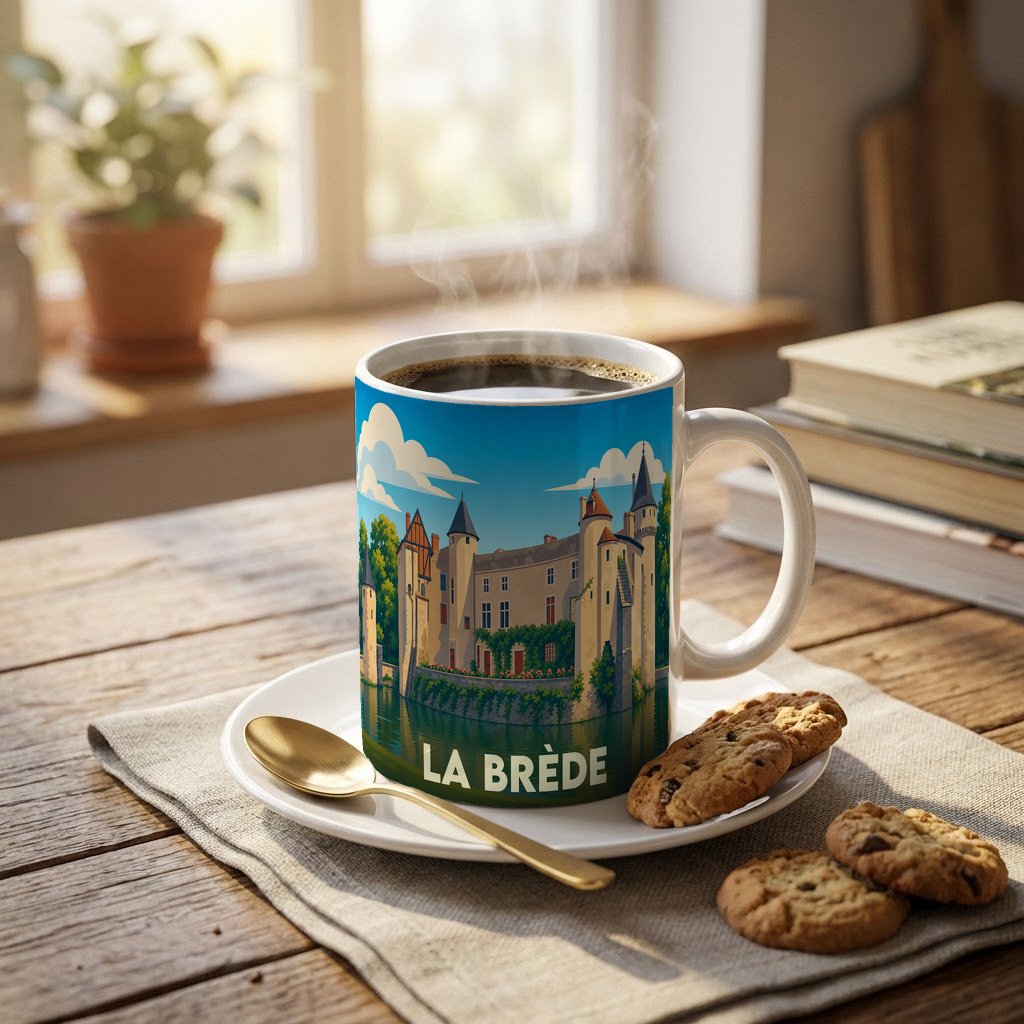 Mug souvenir de la ville de La Brède avec une illustration stylisée de son château.