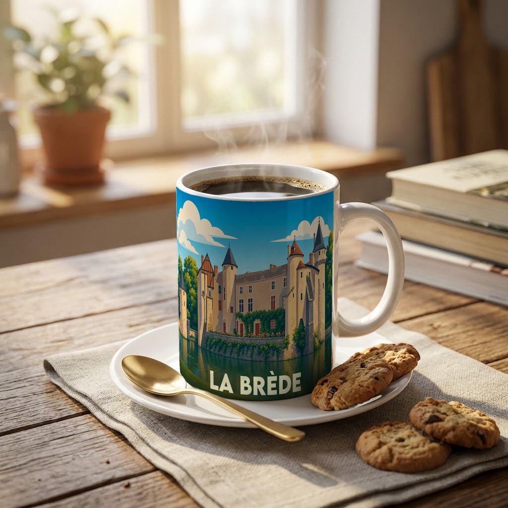 Mug souvenir de la ville de La Brède avec une illustration stylisée de son château.