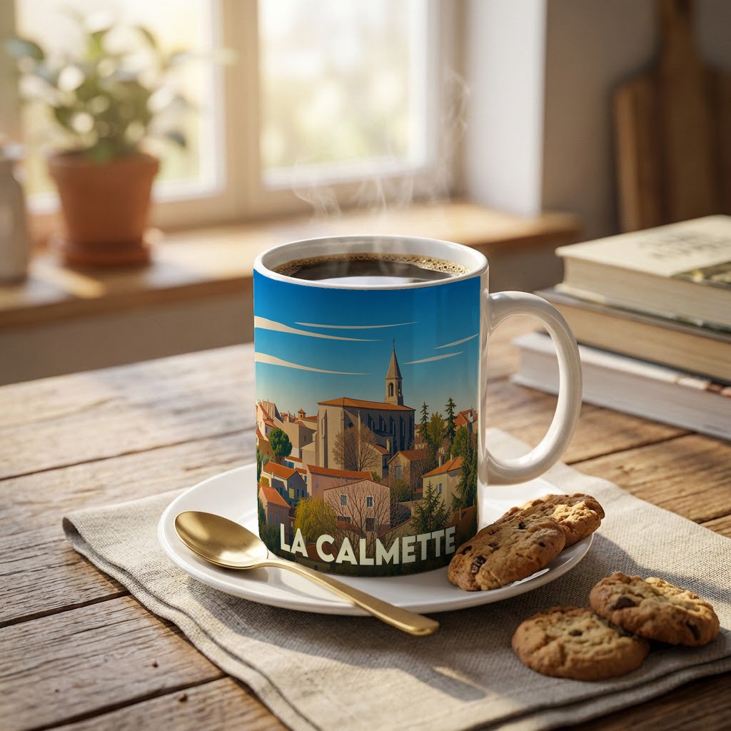 Mug souvenir de la ville de La Calmette avec une illustration stylisée.