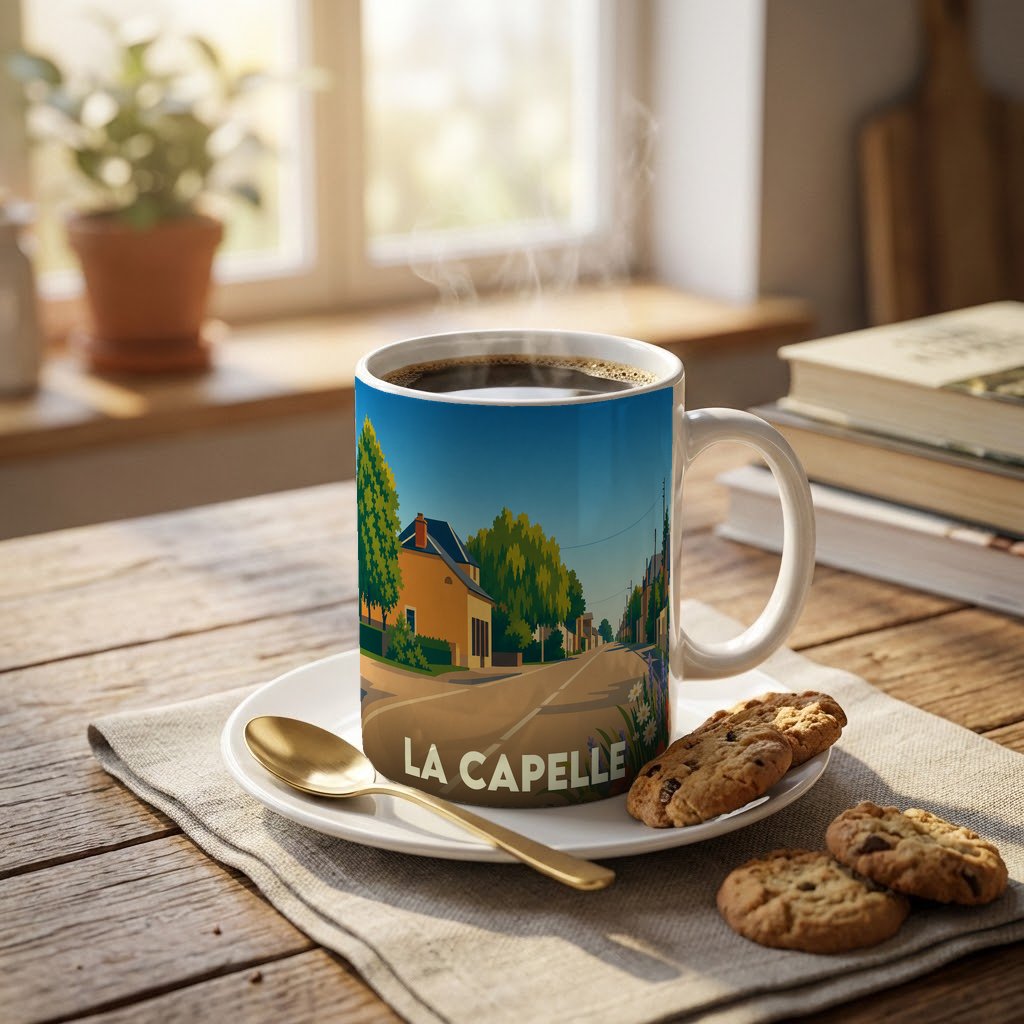 Mug souvenir de la ville de La Capelle avec une illustration stylisée.