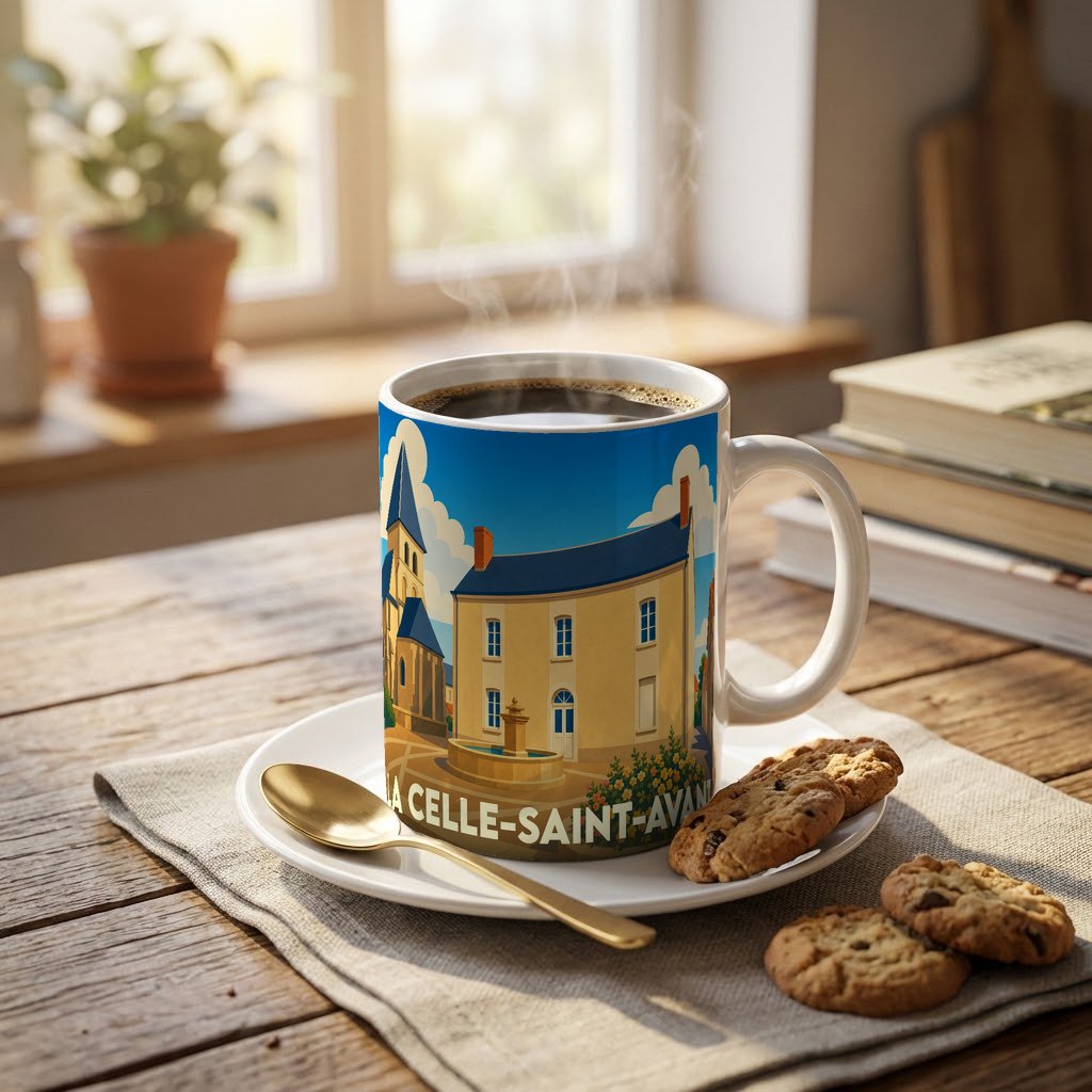 Mug souvenir de la ville de La Celle-Saint-Avant avec une illustration stylisée d'un paysage urbain.