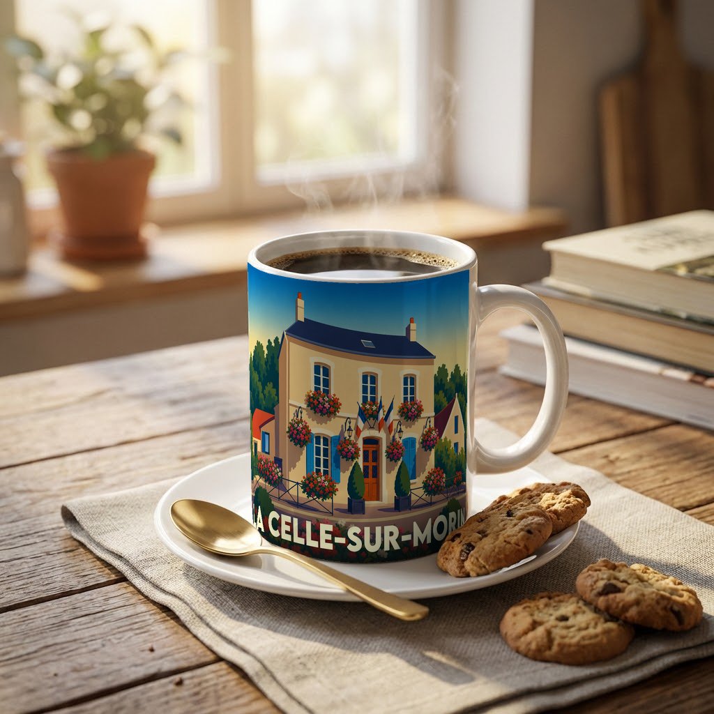 Mug souvenir de la ville de La Celle-sur-Morin avec une illustration stylisée d'une maison fleurie.