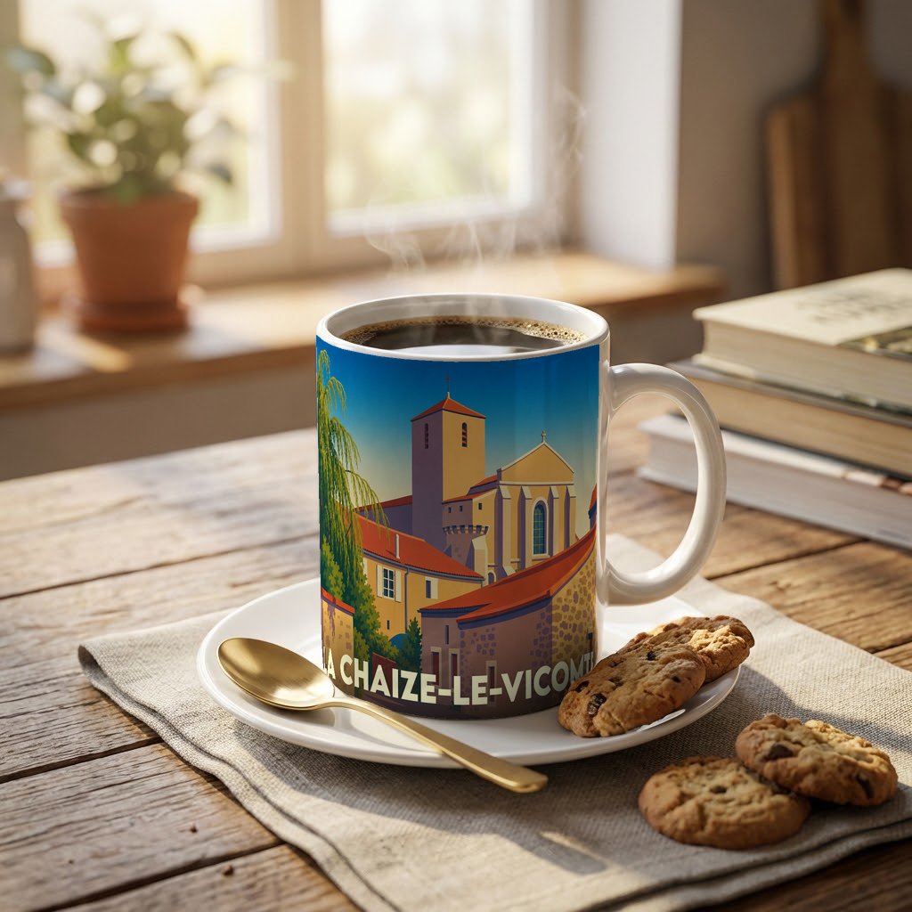 Mug souvenir de la ville de La Chaize-le-Vicomte avec une illustration stylisée de son église et de ses toits.