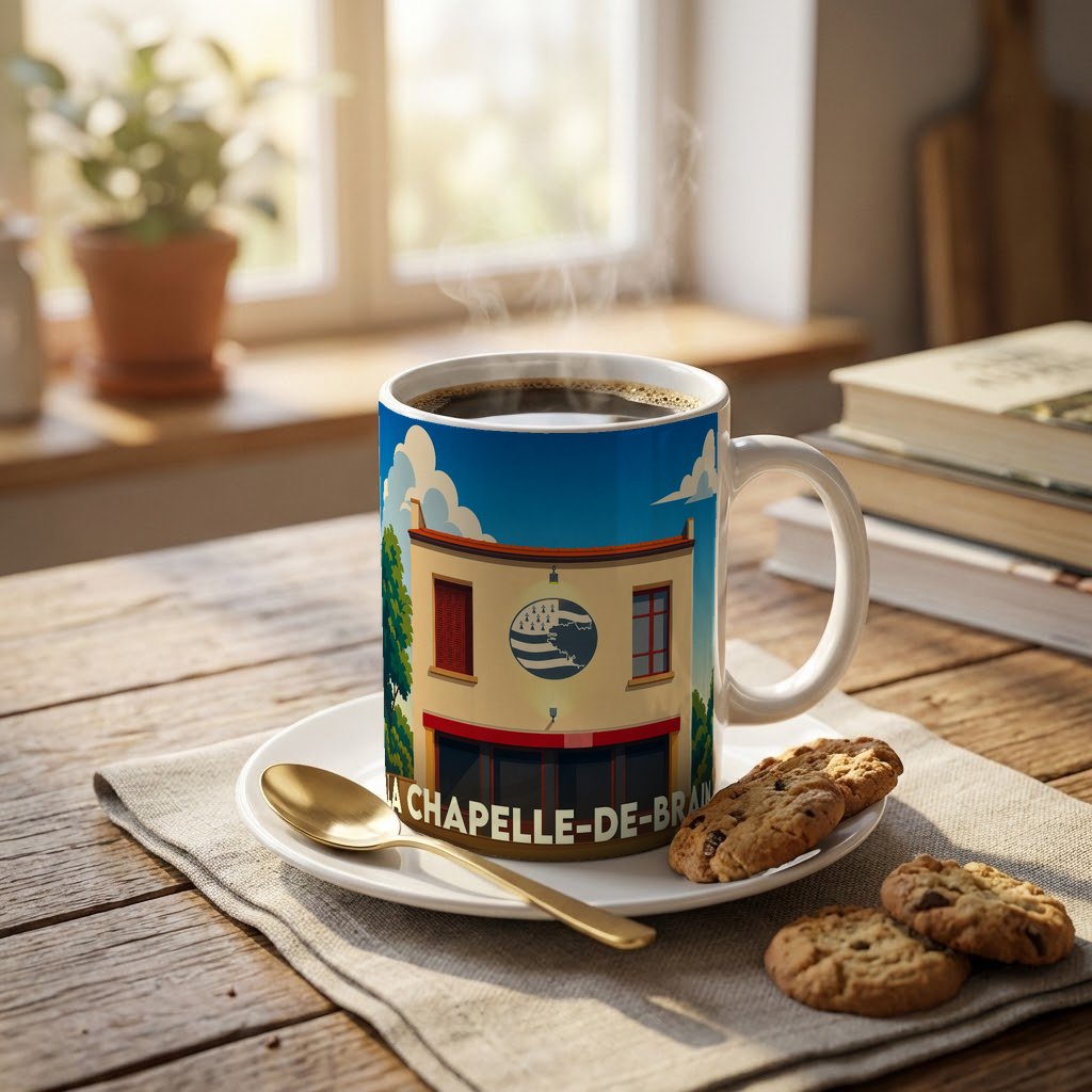 Mug souvenir de la ville de La Chapelle-de-Brain orné d'une illustration stylisée de façade de bâtiment.