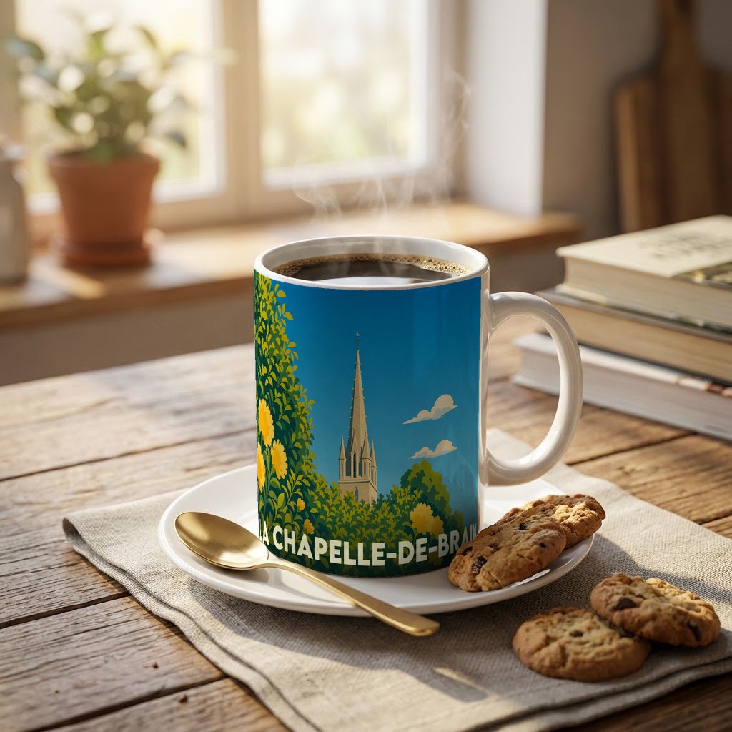 Mug souvenir de la ville de La Chapelle-de-Brain orné d'une illustration stylisée de son église et de sa végétation.