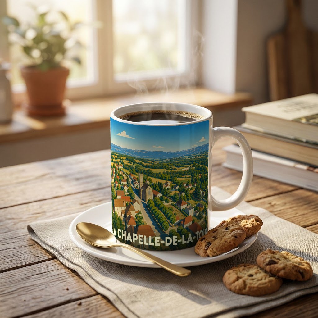 Mug souvenir de la ville de La Chapelle-de-la-Tour avec une illustration stylisée d'un paysage de campagne.