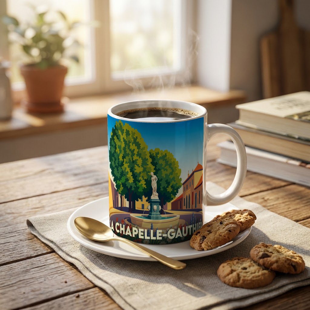 Mug souvenir de la ville de La Chapelle-Gauthier orné d'une illustration stylisée de sa place centrale.