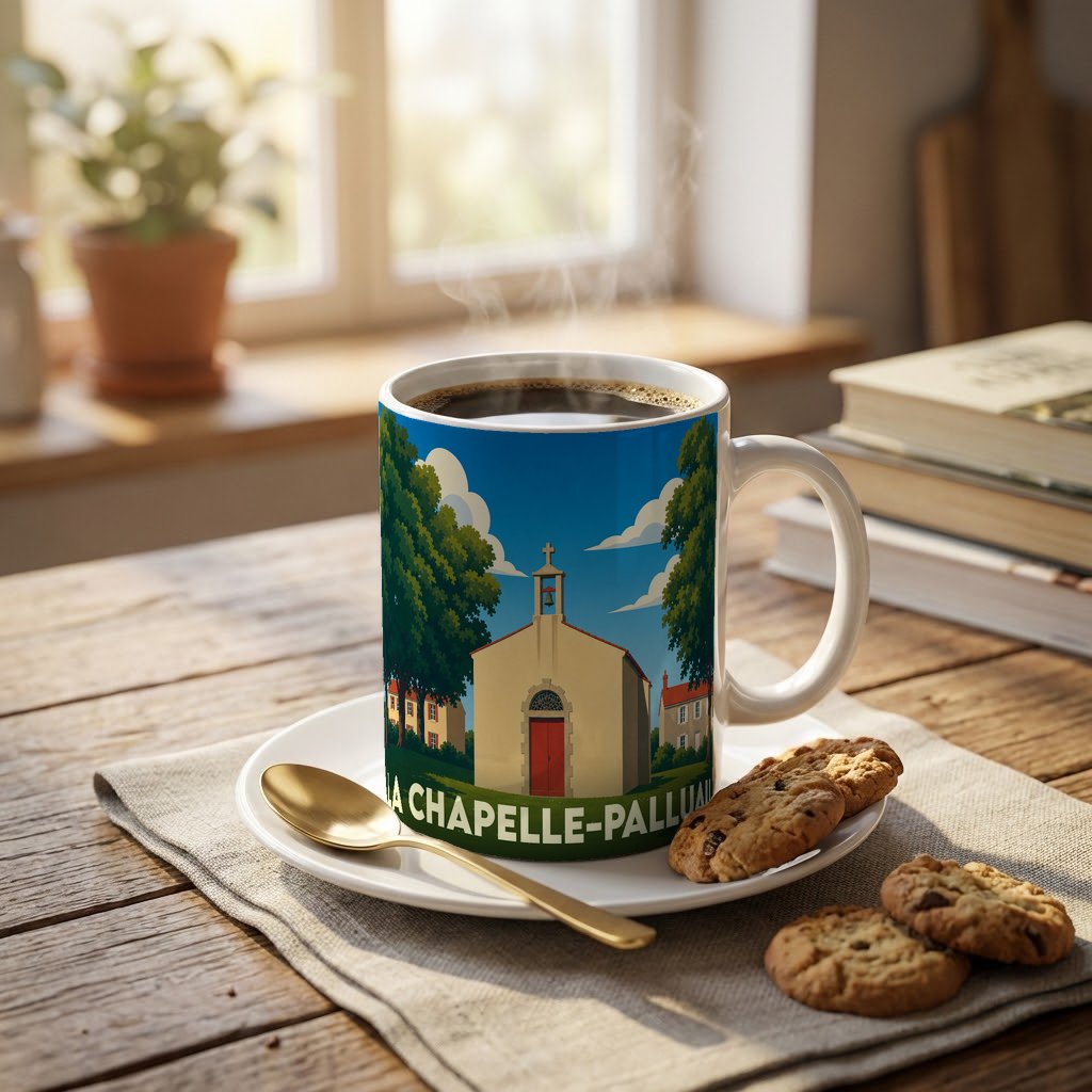 Mug souvenir de la ville de La Chapelle-Palluau avec une illustration stylisée d'une petite chapelle.