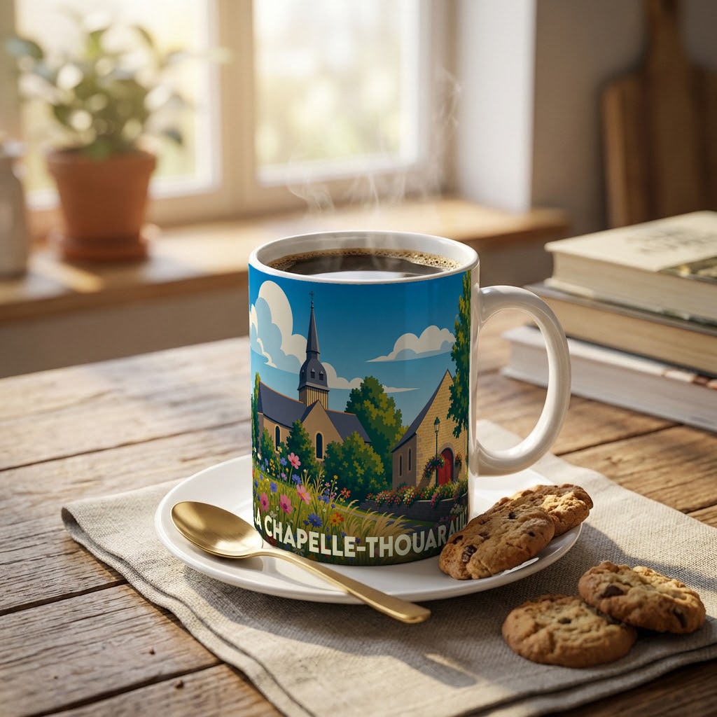 Mug souvenir de la ville de La Chapelle-Thouarault avec une illustration stylisée.