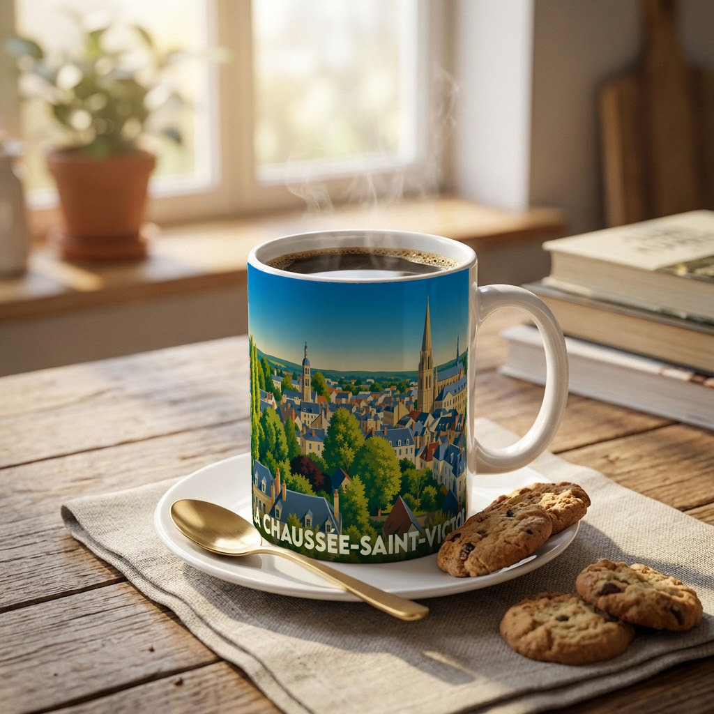 Mug souvenir de la ville de La Chaussée-Saint-Victor avec une illustration stylisée d'un paysage urbain.