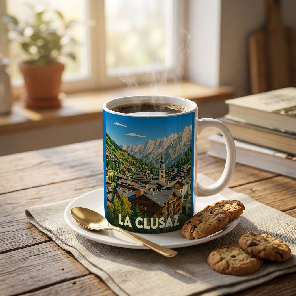 Mug souvenir de la ville de La Clusaz illustré par un paysage de montagne et de village alpin.