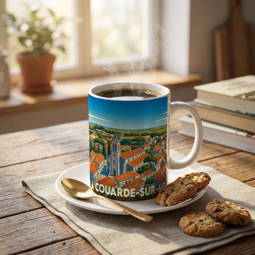 Mug souvenir de la ville de La Couarde-sur-Mer avec une illustration stylisée.