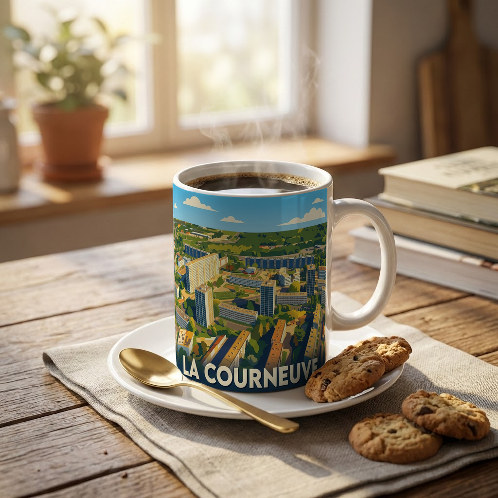Mug souvenir de la ville de La Courneuve avec une illustration urbaine stylisée.