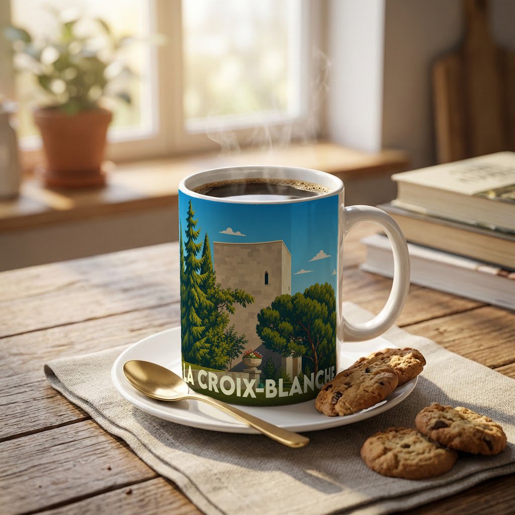 Mug souvenir de la ville de La Croix-Blanche avec une illustration stylisée.