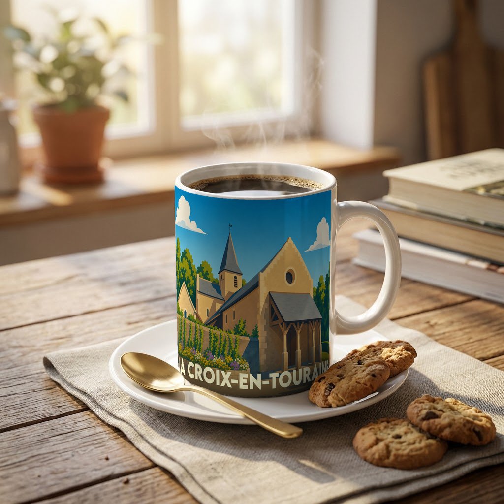 Mug souvenir de la ville de La Croix-en-Touraine illustré d'un dessin stylisé de son église.