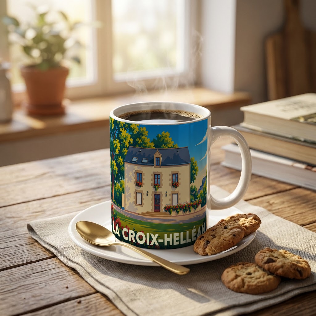 Mug souvenir de la ville de La Croix-Helléan orné d'une illustration stylisée de maison traditionnelle.