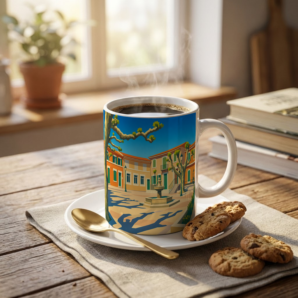 Mug souvenir de la ville de La Destrousse avec une illustration stylisée d'une place de village provençale ensoleillée.