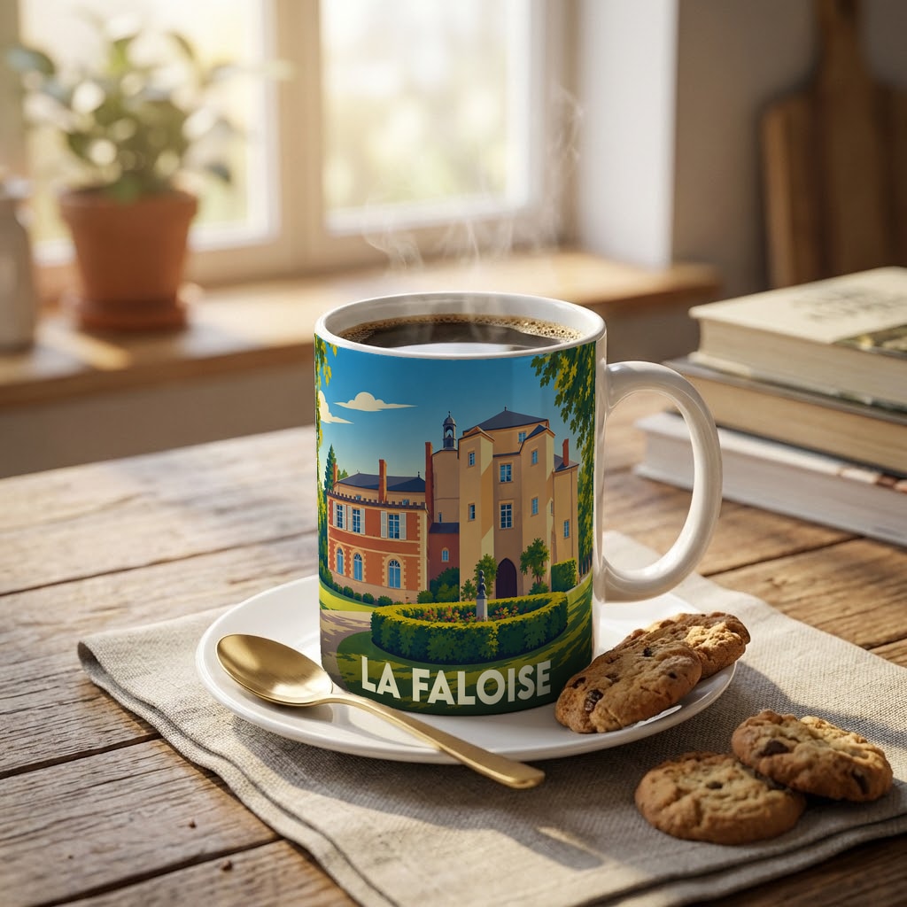 Mug souvenir de la ville de La Faloise avec une illustration stylisée de son patrimoine.