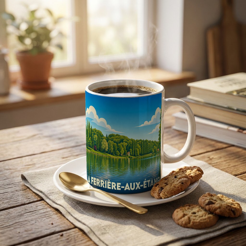 Mug souvenir de la ville de La Ferrière-aux-Étangs avec une illustration stylisée d'un paysage lacustre.