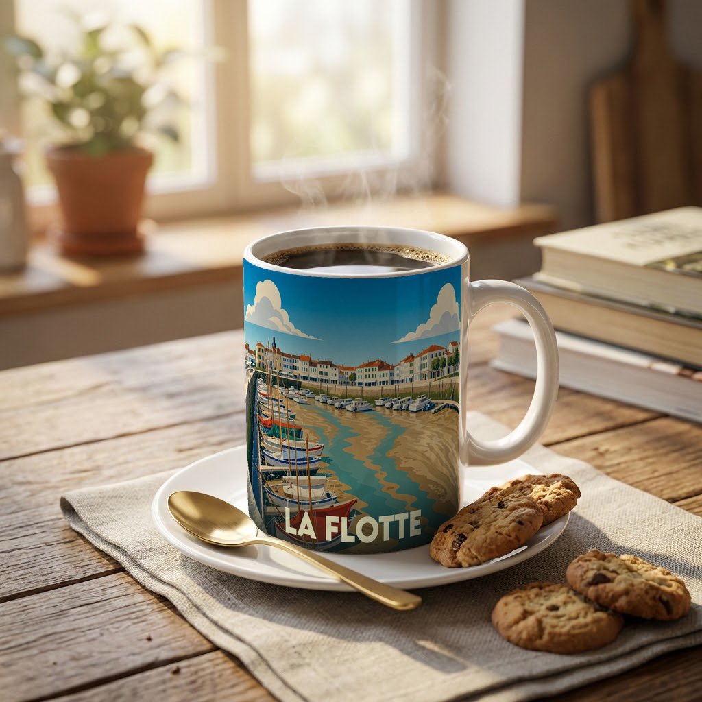 Mug souvenir de la ville de La Flotte avec une illustration stylisée de son port.