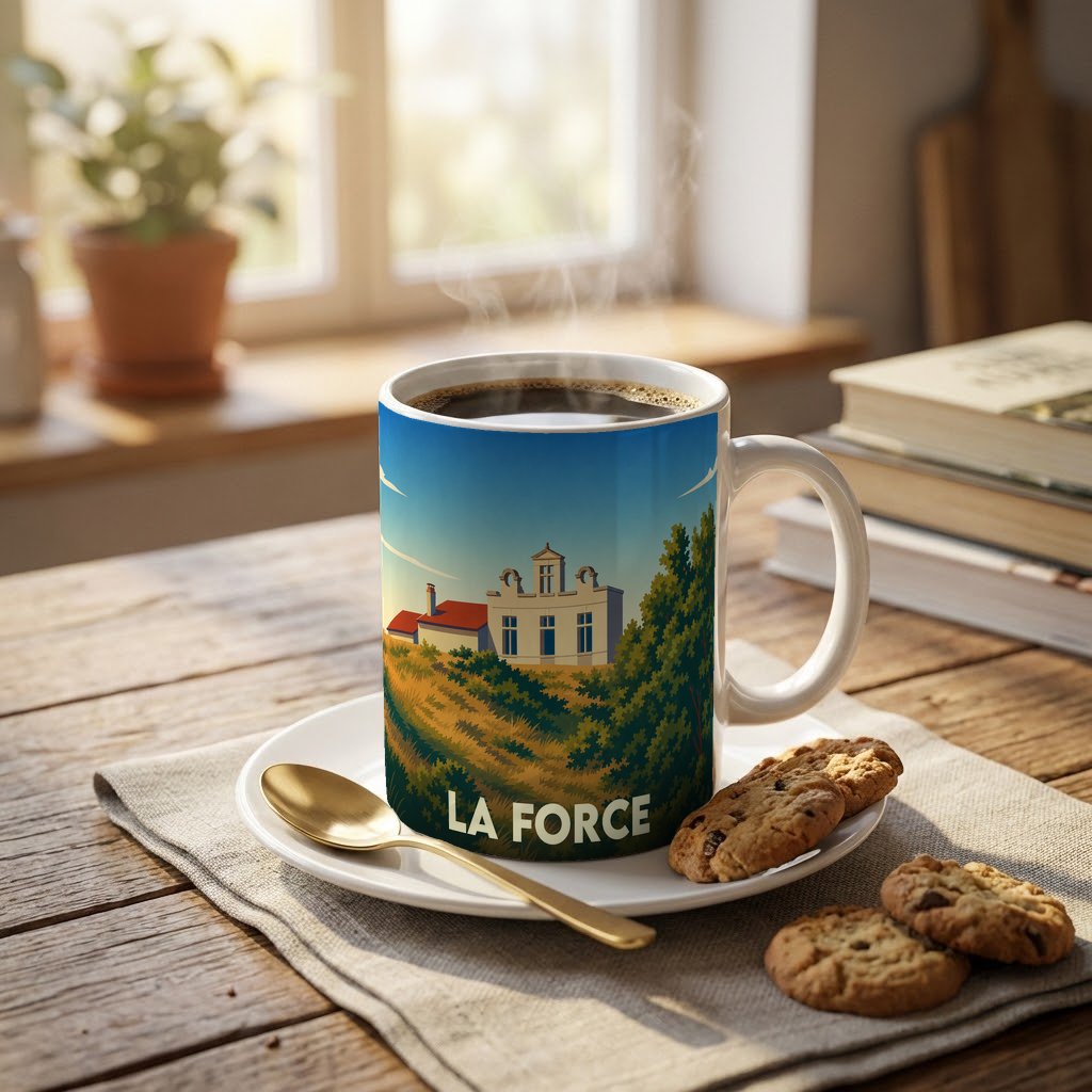 Mug souvenir de la ville de La Force orné d'une illustration stylisée d'un bâtiment historique au milieu de la nature.