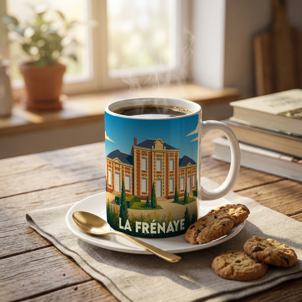 Mug souvenir de la ville de La Frénaye avec une illustration stylisée d'un bâtiment historique.