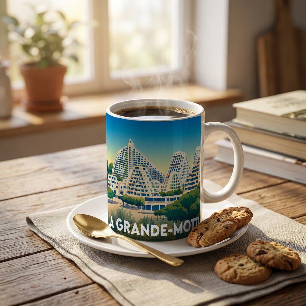 Mug souvenir de la ville de La Grande-Motte avec une illustration stylisée.