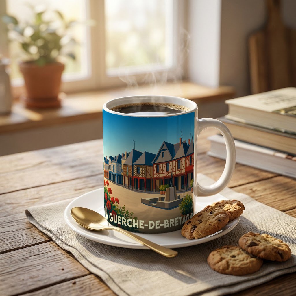 Mug souvenir de la ville de La Guerche-de-Bretagne avec une illustration stylisée de ses maisons à pans de bois.