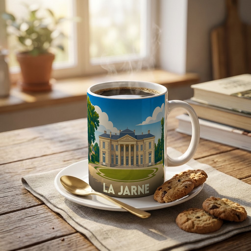 Mug souvenir de la ville de La Jarne avec une illustration stylisée d'un château.