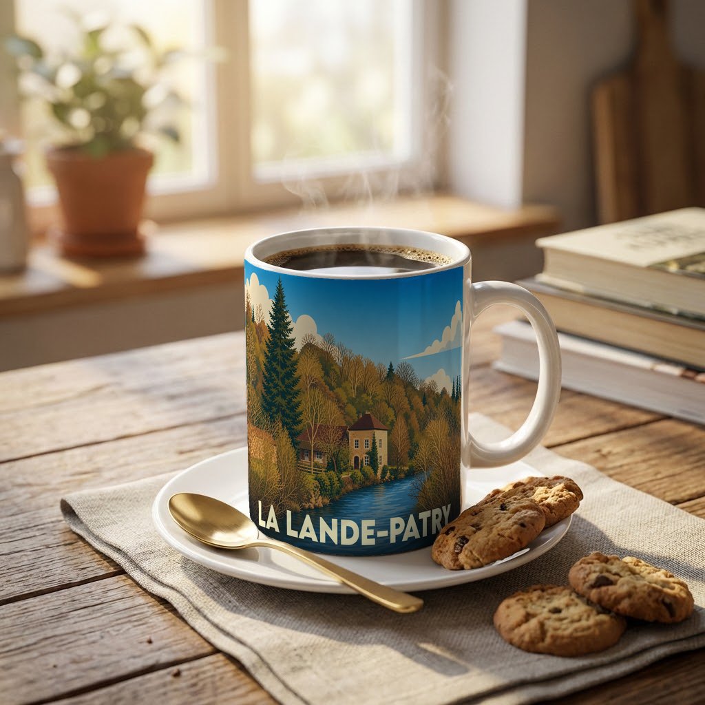 Mug souvenir de la ville de La Lande-Patry orné d'une illustration paysagère stylisée.
