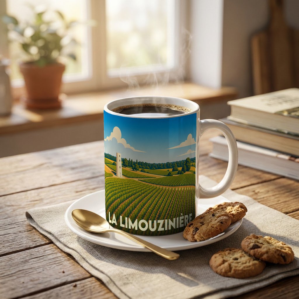 Mug souvenir de la ville de La Limouzinière illustré d'un paysage de vignobles stylisé.