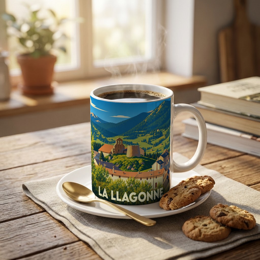 Mug souvenir de la ville de La Llagonne avec une illustration stylisée de son paysage montagneux.