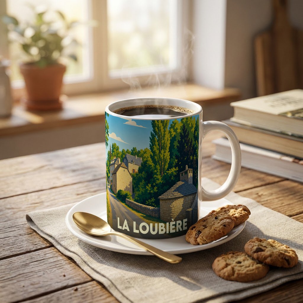 Mug souvenir de la ville de La Loubière illustré d'un paysage de campagne stylisé.