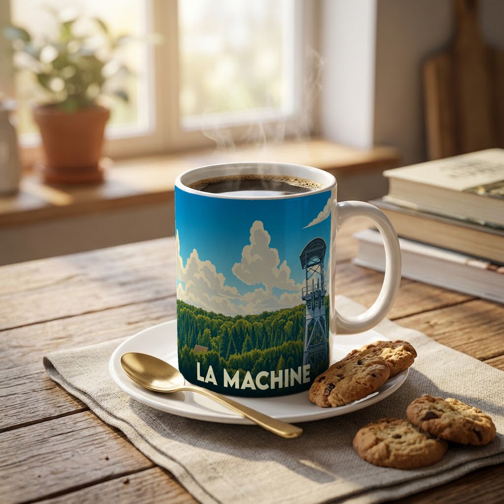 Mug souvenir de la ville de La Machine illustré d'un paysage forestier avec un ancien chevalement de mine.