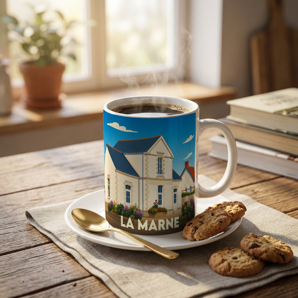 Mug souvenir de la ville de La Marne avec une illustration stylisée de sa mairie.