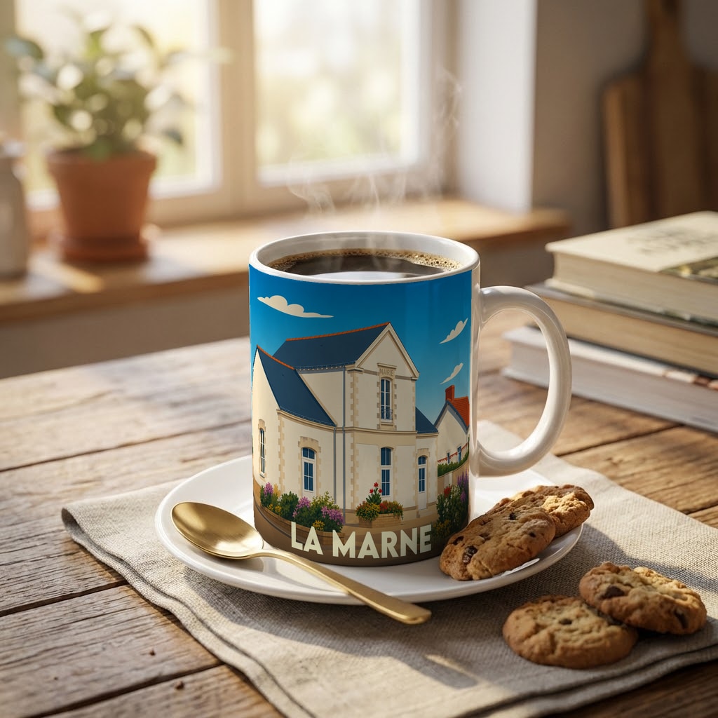 Mug souvenir de la ville de La Marne avec une illustration stylisée de sa mairie.