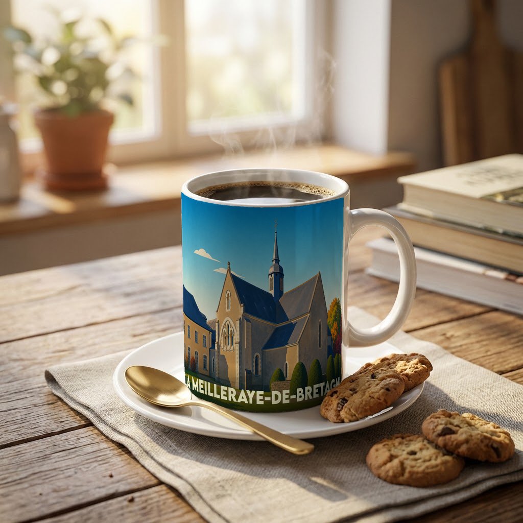 Mug souvenir de la ville de La Meilleraye-de-Bretagne avec une illustration stylisée de son église.