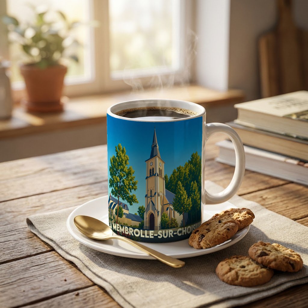 Mug souvenir de la ville de La Membrolle-sur-Choisille orné d'une illustration stylisée de son église.