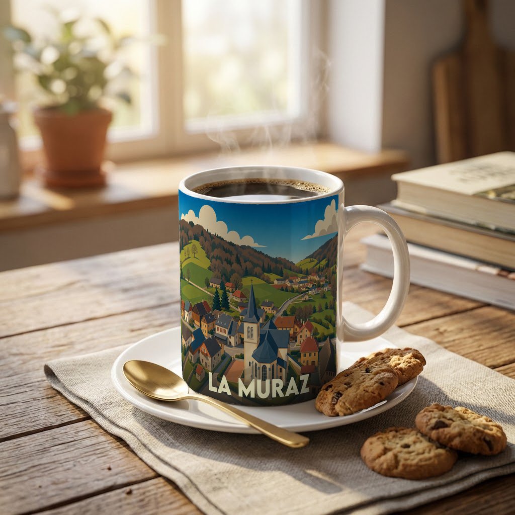 Mug souvenir de la ville de La Muraz avec une illustration stylisée d'un village de montagne.