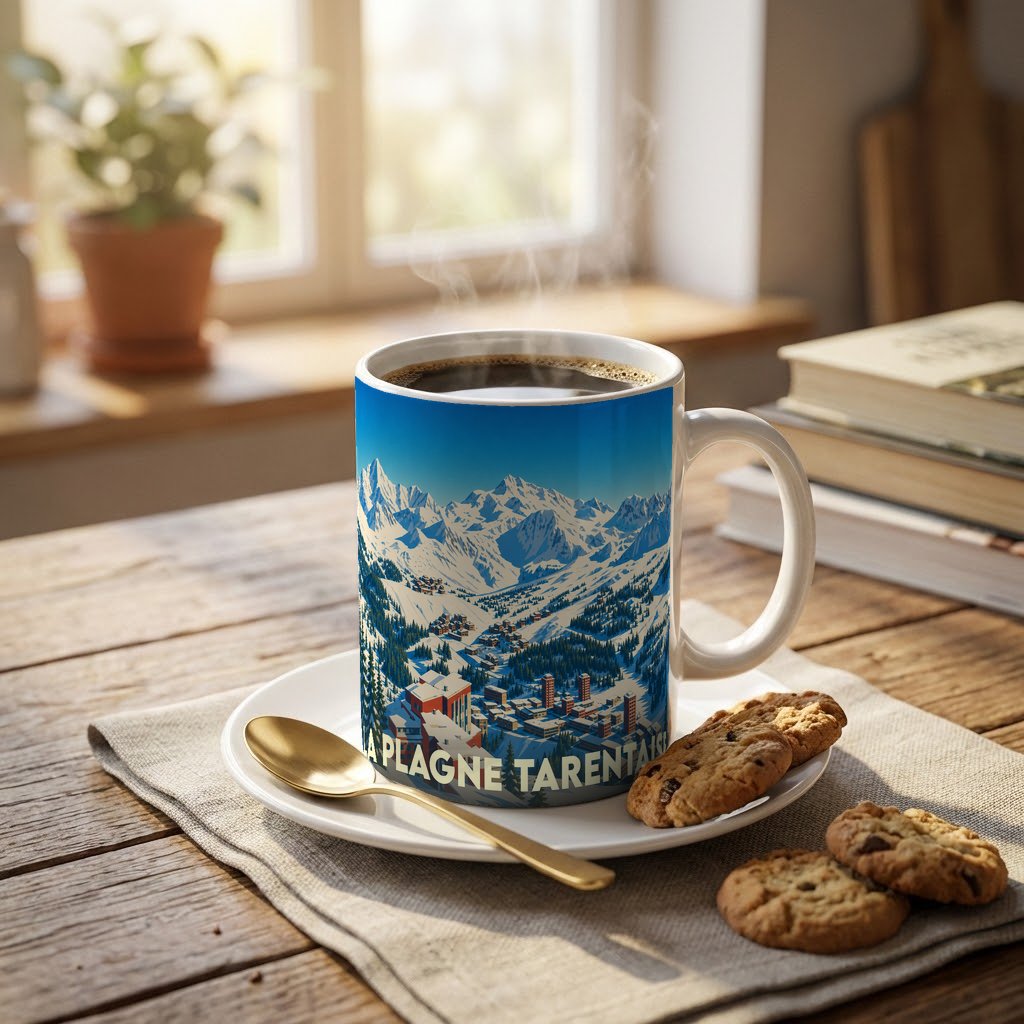 Mug souvenir de La Plagne Tarentaise orné d'une illustration stylisée de montagnes enneigées et de la station de ski.