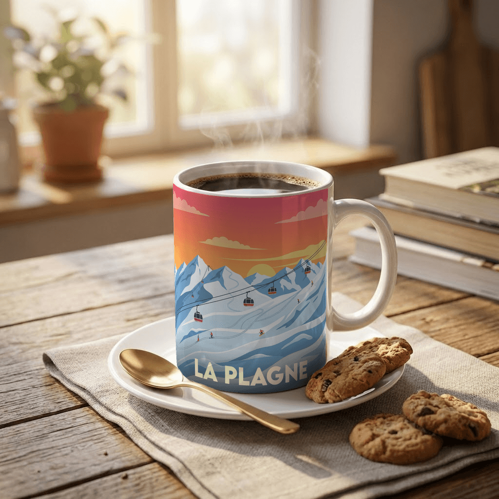Mug souvenir de La Plagne avec une illustration stylisée de montagnes et de remontées mécaniques.