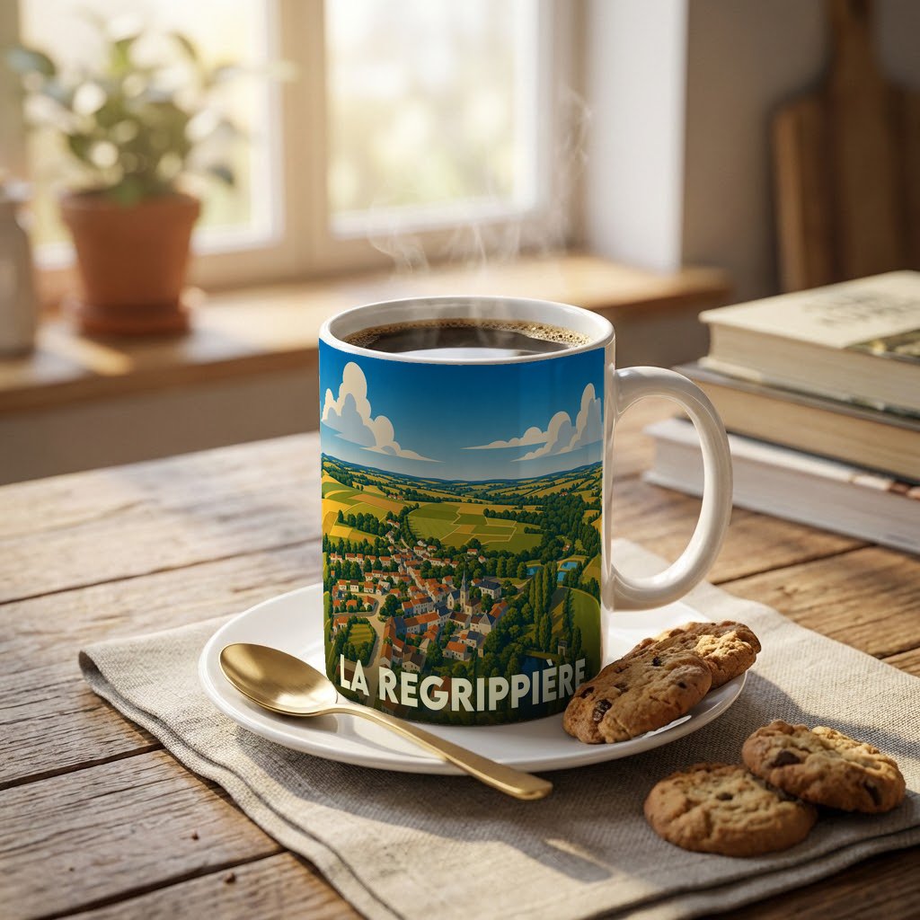Mug souvenir de la commune de La Regrippière orné d'une illustration panoramique et colorée du village.