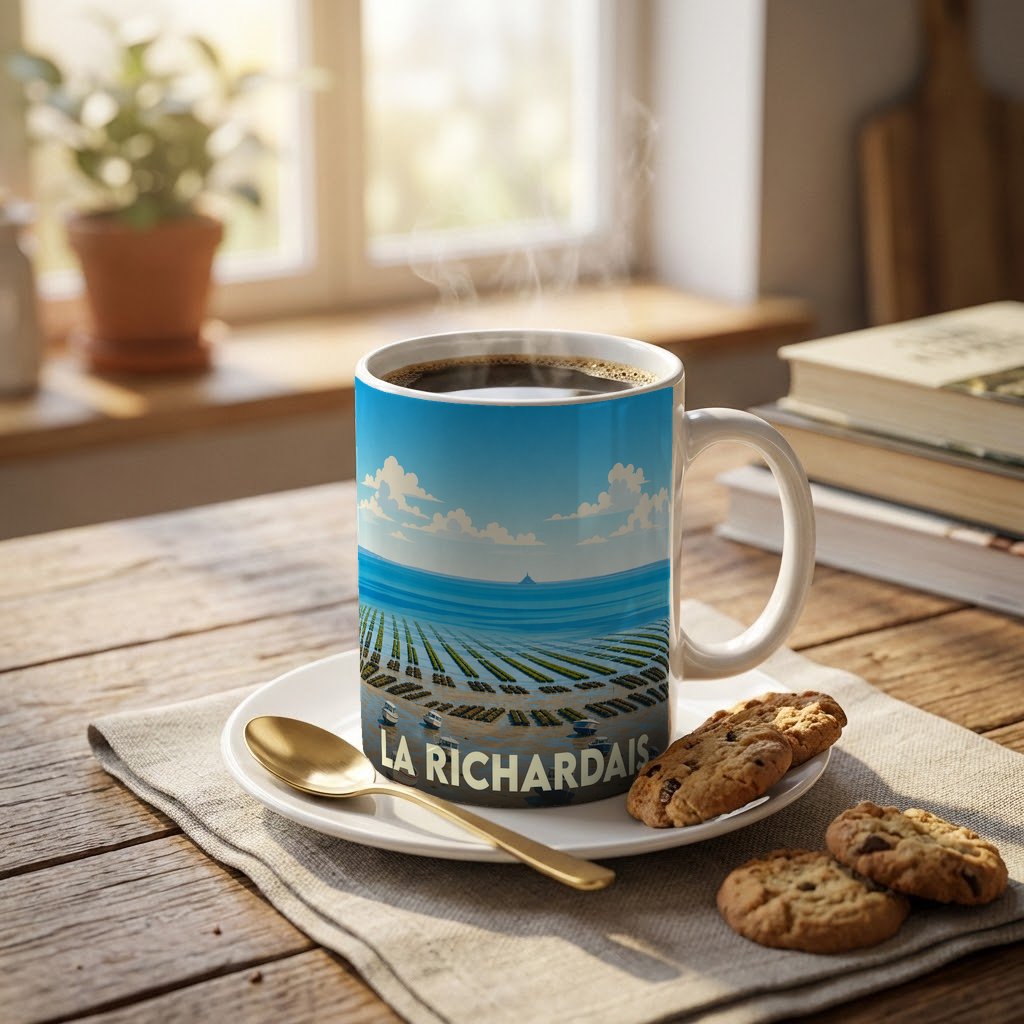 Mug souvenir de la ville de La Richardais avec une illustration stylisée de parcs à huîtres en bord de mer.